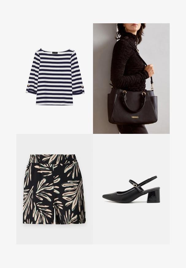 Tumesiniste ja valgete triipudega pikkade varrukatega topp, millel on paadi kaelus ja kuldsete nööpide aktsendid üleskeeratud varrukatel. Pehme kangas, mugav istuvus.; Mustad lühikesed püksid, millel on lehtede muster heleda beeži ja mündirohelise värviga, tekstureeritud kangas ja elastne vöökoht.; Mustad läikivad nahast slingback-kõrged kontsad, millel on terav nina, ümar lõikekujundus ja blokknina. Omab kuldset nupu aktsenti.; Musthave must kott, millel on tekstuurne pind, kaks ülemist käepidet ja reguleeritav õlarihm. Omab kuldse tooni riistu ja külgtaskuid.