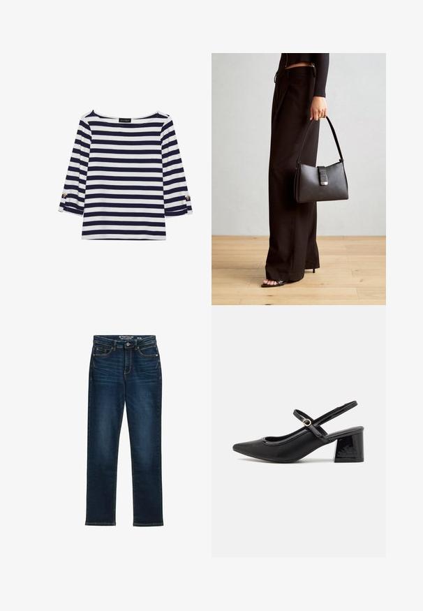 Mėlynos ir baltos spalvos dryžuotas ilgomis rankovėmis marškinėliai su laiviniu kaklu ir auksiniais mygtukais sukeltose rankovėse. Minkšta medžiaga, laisvas siluetas.; Tamsiai mėlynos tiesaus kirpimo džinsinės kelnės, pagamintos iš džinsinio audinio, su penkiomis kišenėmis, metaliniu sagstymo uždarymu ir kontrastingomis siūlėmis. Matomų pažeidimų nėra.; Juodi patentinio odos slingback aukštakulniai su smailiu pirštu, apvaliu išpjovimu ir blokiniu kulnu. Papuošti auksiniu juostos akcentu.; Juodas rankinė struktūrizuota forma, lygi tekstūra ir metalinis užsegimas. Suporuota su plačiomis juodomis kelnėmis ir atvirais bateliais ant medinių grindų.