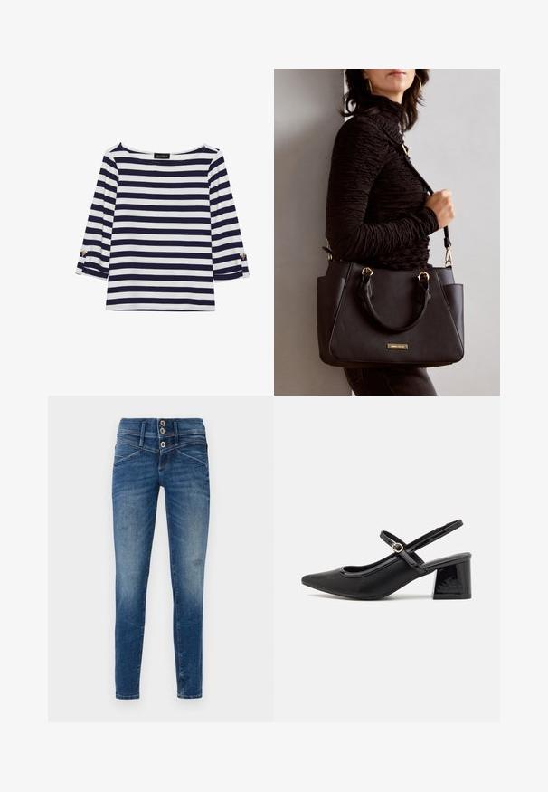 Gestreiftes Langarmoberteil in Marineblau und Weiß mit einem Bootsausschnitt und goldfarbenen Knopfdetails an den hochgekrempelten Ärmeln. Weicher Stoff, entspannter Schnitt.; Schmale Jeans aus dunkelblauem Denim mit einem verblassten Finish, ausgestattet mit einer hochgeschnittenen Taille, einem Zwei-Knopf-Verschluss und einem distressed Look an den Beinen.; Schwarze Lackleder-Slingback-Absätze mit spitzer Zehenform, einem runden Ausschnitt-Design und einem Blockabsatz. Mit einem goldfarbenen Schnallenakzent.; Schwarze Handtasche mit strukturierten Oberflächen, doppelten Obergriffen und verstellbarem Schultergurt. Mit goldfarbener Hardware und Seitentaschen.