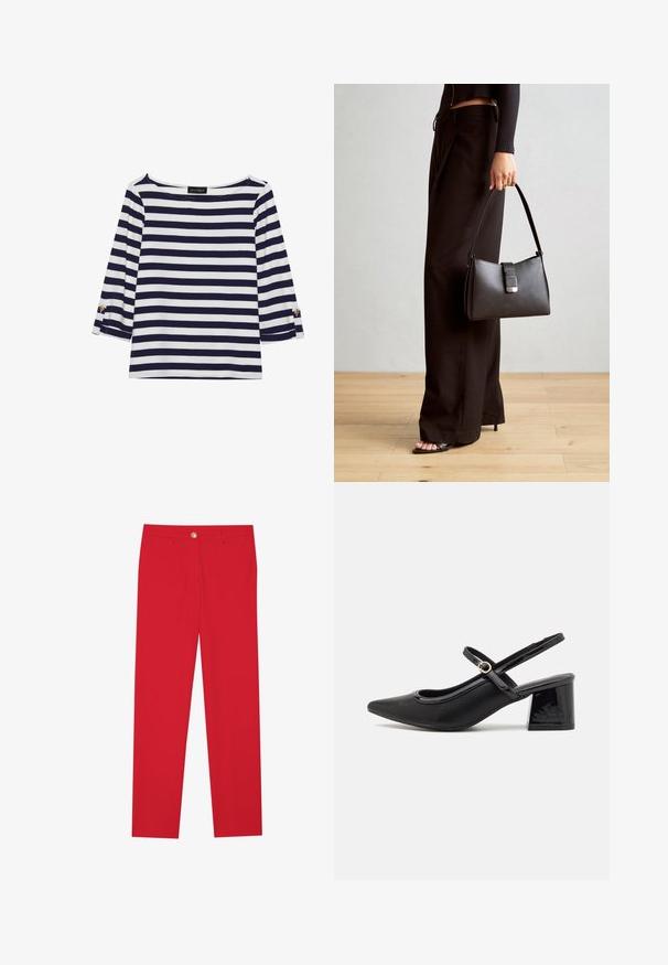 Marineblauw en witte gestreepte longsleeve top met een bootnek en gouden knoopaccenten op de opgerolde mouwen. Zachte stof, relaxte pasvorm.; Rode broek met een rechte pasvorm, vlakke voorkant, enkele knoopsluiting en twee zijzakken. Gladde stof zonder zichtbare patronen of accenten.; Zwarte gepolijste leren slingback hakken met een spitse neus, een ronde uitsnede en een blokhak. Voorzien van een gouden gespaccent.; Zwarte handtas met gestructureerde vorm, gladde textuur en een metalen sluiting. Gecombineerd met brede zwarte broeken en sandalen met open teen op een houten vloer.