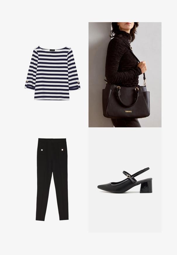 Marineblå og hvit stripete langermet topp med båthals og gullknapper på rullede ermer. Myk stoff, avslappet passform.; Sorte skreddersydde bukser med en glatt tekstur, som har to frontlommer med dekorative maskinvaredetaljer, og en slim-fit design.; Sorte lakk lær slingback hæler med spiss tå, et avrundet utskjæringsdesign og blokkheel. Har en gulltone spenne som detalj.; Svart håndveske med teksturert overflate, doble topphåndtak og justerbar skulderrem. Har detaljer i gulltone og sidelommer.