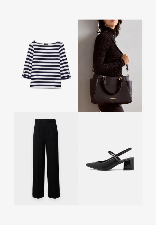 Marineblå og hvide stribede langærmede top med bådudskæring og guldknapdetaljer på opsmøgede ærmer. Blødt stof, afslappet pasform.; Sorte bukser med bred benvidde og en glat tekstur, der har en flad front, foldedetaljer og en skræddersyet talje. Ingen synlig hardware eller mønstre.; Sorte patentlæder slingback hæle med spids tå, rund udskæring og blokhæl. Har en guldtonet spændeaccents.; Sort håndtaske med struktureret overflade, dobbelt topbærere og justerbar skulderrem. Udstyret med guldfarvet metalhardware og sidelommer.