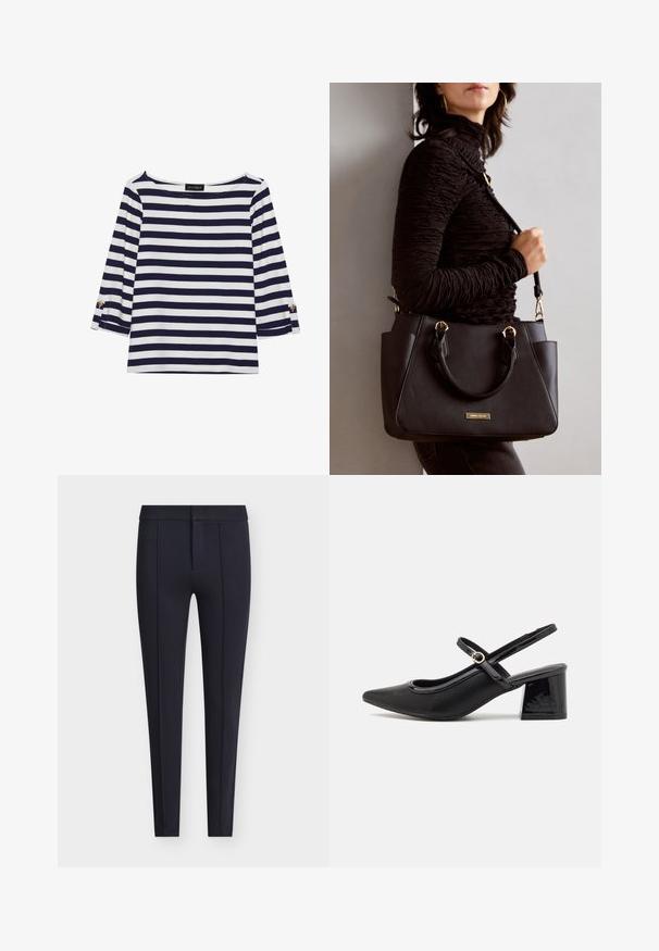 Mėlynos ir baltos spalvos dryžuotas ilgomis rankovėmis marškinėliai su laiviniu kaklu ir auksiniais mygtukais sukeltose rankovėse. Minkšta medžiaga, laisvas siluetas.; Tamsiai mėlynos, stilingai prigludusios kelnės iš lygios medžiagos, su aptempta siluetu, priekyje esančiomis klostėmis ir slaptu užtrauktuku bei sagos užsegimu.; Juodi patentinio odos slingback aukštakulniai su smailiu pirštu, apvaliu išpjovimu ir blokiniu kulnu. Papuošti auksiniu juostos akcentu.; Juodas rankinės maišelis su struktūrizuota paviršiumi, dvigubais viršutiniais rankenėlėmis ir reguliuojamu peties diržu. Įrengtas aukso spalvos furnitūra ir šoninės kišenės.