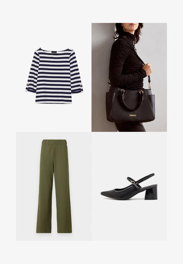 Navy and white striped long-sleeve top with a boat neckline and gold-button accents on rolled sleeves. Soft fabric, relaxed fit.; TOM TAILOR DENIM PLEATED PANTS - Trousers - grape leaf green; Black patent leather slingback heels with a pointed toe, a rounded cutout design, and a block heel. Features a gold-tone buckle accent.; Black handbag with textured surface, dual top handles, and adjustable shoulder strap. Features gold-tone hardware and side pockets.