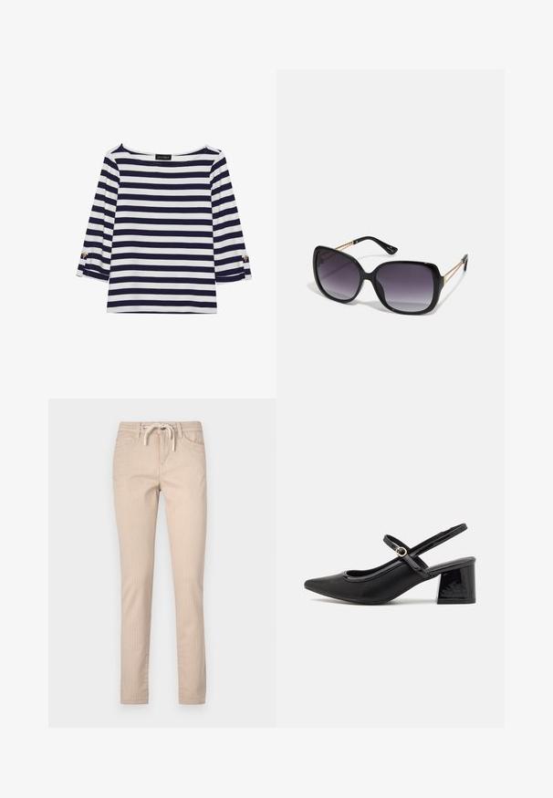 Marineblauw en witte gestreepte longsleeve top met een bootnek en gouden knoopaccenten op de opgerolde mouwen. Zachte stof, relaxte pasvorm.; Beige gestreepte katoenen broeken met een trekkingkoord in de taille, taps toelopende pijpen en twee voorzakken. Glad textuur, casual ontwerp.; Zwarte gepolijste leren slingback hakken met een spitse neus, een ronde uitsnede en een blokhak. Voorzien van een gouden gespaccent.; Zwarte oversized zonnebril met gradient glazen, dikke montuur en gouden kettingdetails op de pootjes.; Zwarte tote bag van synthetisch materiaal, met een eenvoudig rechthoekig ontwerp, gouden vierkante accenten en dubbele handvatten.