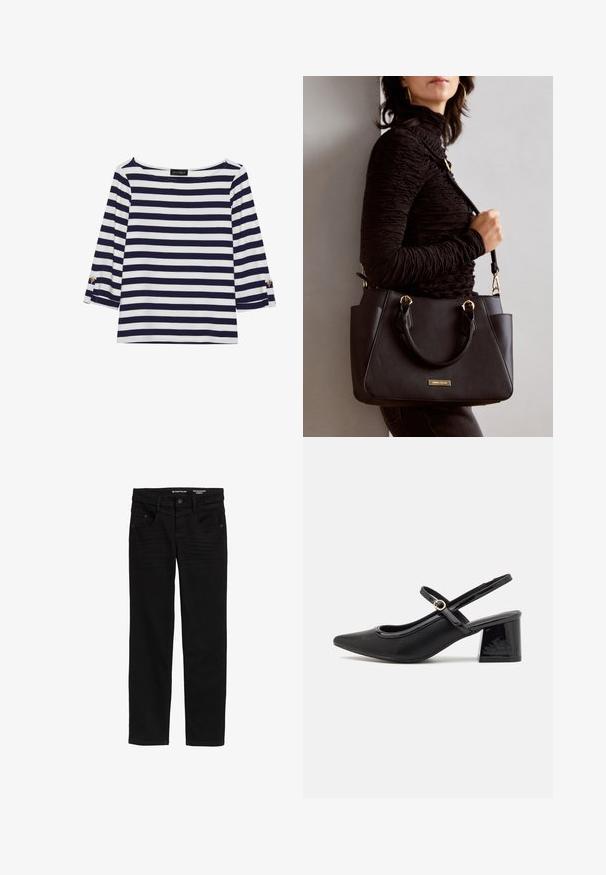 Maglietta a righe blu navy e bianca con maniche lunghe, scollo a barca e dettagli con bottoni dorati sulle maniche arrotolate. Tessuto morbido, vestibilità comoda.; Jeans neri a gamba dritta in denim, con chiusura a bottone e cerniera, due tasche frontali e delicati dettagli di texture.; Décolleté in vernice nera con cinturino dietro, punta affusolata, design con ritagli arrotondati e tacco a blocco. Presenta un accento di fibbia tono oro.; Borsa nera con superficie texturizzata, manici superiori doppi e tracolla regolabile. Dotata di hardware color oro e tasche laterali.