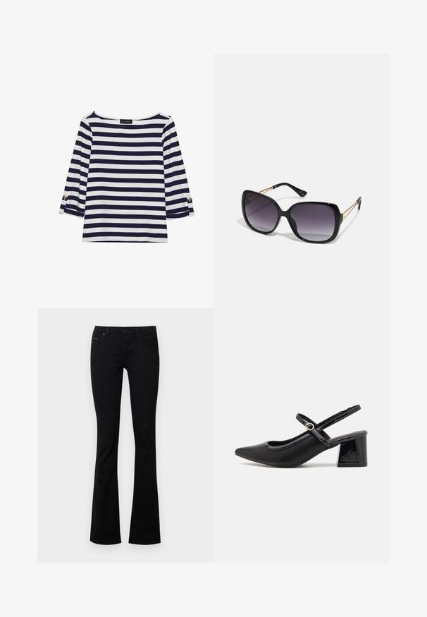 Camiseta de manga larga a rayas en azul marino y blanco, con escote barco y acentos de botones dorados en las mangas enrolladas. Tejido suave y corte relajado.; Marc O'Polo DENIM TROUSERS MID WAIST FLARED - Vaqueros a campana - black; Tacones slingback de charol negro con punta afilada, un diseño de corte redondeado y tacón bloque. Incluye un detalle de hebilla en tono dorado.; Gafas de sol negras de gran tamaño con lentes degradados, montura gruesa y detalles de cadena en tono dorado en las patillas.; Bolso negro con forma estructurada, textura suave y un cierre metálico. Combinado con pantalones anchos negros y sandalias de dedo en un suelo de madera.