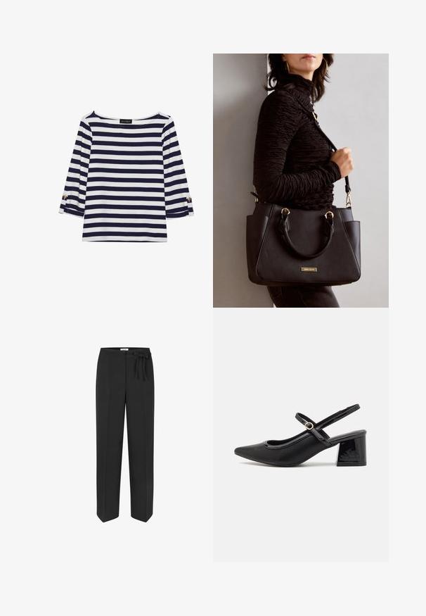 Marineblauw en witte gestreepte longsleeve top met een bootnek en gouden knoopaccenten op de opgerolde mouwen. Zachte stof, relaxte pasvorm.; Zwarte, hoog aangezette broek met een strikceintuurdetail. Gemaakt van een gladde stof, met een recht model en twee voorzakken.; Zwarte gepolijste leren slingback hakken met een spitse neus, een ronde uitsnede en een blokhak. Voorzien van een gouden gespaccent.; Zwarte handtas met gestructureerd oppervlak, dubbele bovenhandvatten en verstelbare schouderriem. Voorzien van goudkleurige hardware en zijzakken.
