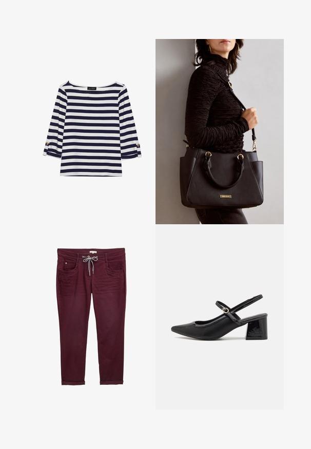 Gestreiftes Langarmoberteil in Marineblau und Weiß mit einem Bootsausschnitt und goldfarbenen Knopfdetails an den hochgekrempelten Ärmeln. Weicher Stoff, entspannter Schnitt.; Bordeauxfarbene Hosen mit einem Kordelzugbund, Fronttaschen und umgeschlagenen Säumen. Hergestellt aus weichem Stoff mit glatter Textur und dezenten Nahtdetails.; Schwarze Lackleder-Slingback-Absätze mit spitzer Zehenform, einem runden Ausschnitt-Design und einem Blockabsatz. Mit einem goldfarbenen Schnallenakzent.; Schwarze Handtasche mit strukturierten Oberflächen, doppelten Obergriffen und verstellbarem Schultergurt. Mit goldfarbener Hardware und Seitentaschen.