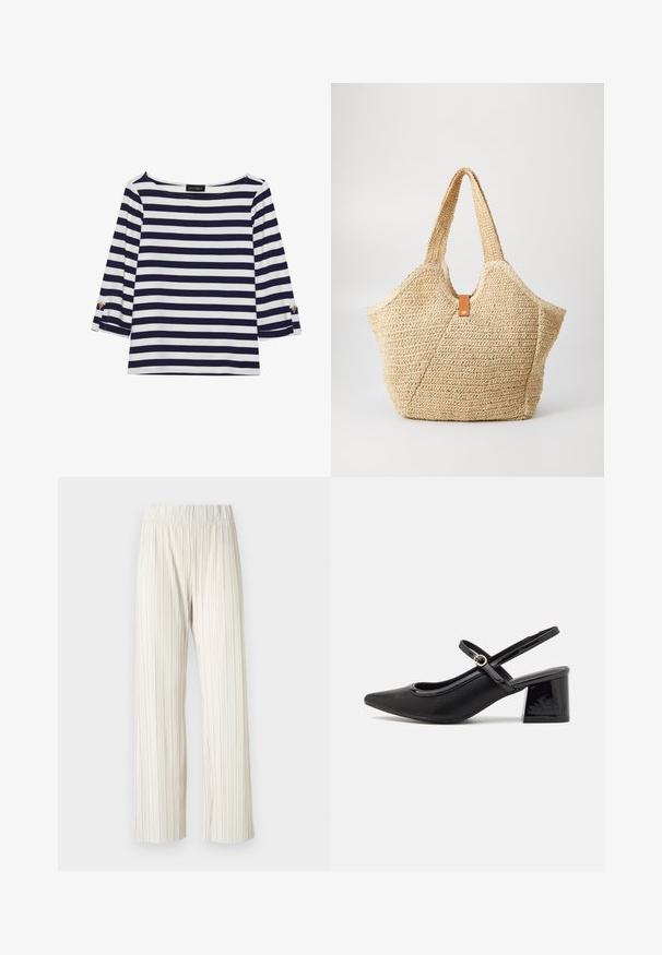 Μακρυμάνικο μπλουζάκι σε ναυτικό μπλε και λευκές ρίγες με νεανικό λαιμό και χρυσές κουμπίτσες στους διπλωμένους μανίκους. Απαλή υφή, χαλαρή εφαρμογή.; Πλισέ παντελόνι σε ανοιχτό μπεζ χρώμα, με ελαστική ζώνη. Φτιαγμένο από ελαφρύ ύφασμα με κατακόρυφη υφή σε όλη την επιφάνεια.; Μαύρα παπούτσια γοβάκια από πατενταρισμένο δέρμα με γωνιαστό μπροστινό μέρος, στρογγυλή κοπή και τετράγωνο τακούνι. Διαθέτουν μια χρυσή αγκράφα ως διακοσμητικό στοιχείο.; Μεγάλη ψάθινη τσάντα tote με υφή, σε μπεζ απόχρωση και δύο φαρδιές λαβές. Διαθέτει δερμάτινη ζώνη για κλείσιμο.