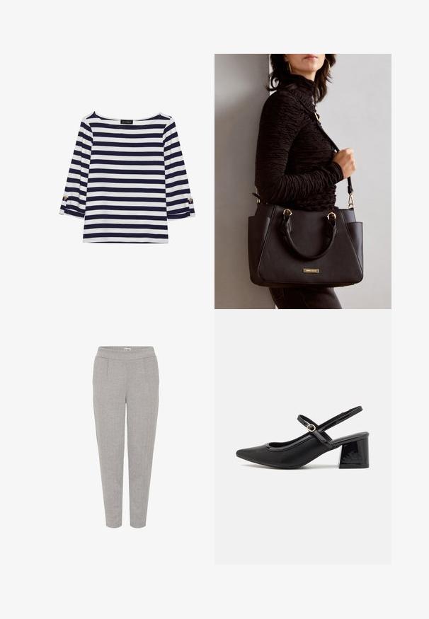 Marineblauw en witte gestreepte longsleeve top met een bootnek en gouden knoopaccenten op de opgerolde mouwen. Zachte stof, relaxte pasvorm.; Grijze tapijtstof tapered broek met een visgraatpatroon, voorzien van een elastische tailleband en zijzakken, weergegeven op een witte achtergrond.; Zwarte gepolijste leren slingback hakken met een spitse neus, een ronde uitsnede en een blokhak. Voorzien van een gouden gespaccent.; Zwarte handtas met gestructureerd oppervlak, dubbele bovenhandvatten en verstelbare schouderriem. Voorzien van goudkleurige hardware en zijzakken.