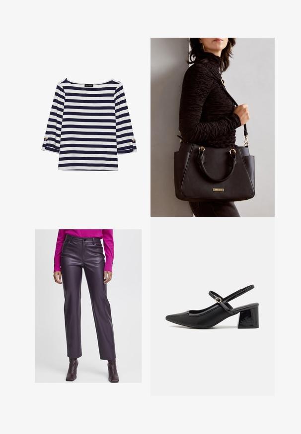 Námořnická a bílá pruhovaná halenka s dlouhým rukávem a lodním výstřihem, se zlatými knoflíky na ohrnutých rukávech. Měkká tkanina, volný střih.; Fialové kalhoty z umělé kůže s vysokým pasem, hladkým povrchem, rovným střihem a předními kapsami. V kombinaci s růžovým topem s dlouhými rukávy.; Černé lakované lodičky s otevřenou patou, špičatou špičkou, zaobleným střihem a blokovým podpatkem. Zdobené akcentem v zlatém tónu.; Černá kabelka s texturovaným povrchem, dvojitými horními uchy a nastavitelným ramenním popruhem. Obsahuje zlaté kovové prvky a boční kapsy.