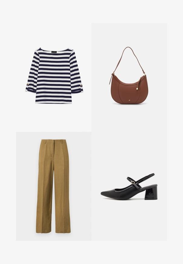 Tengerészkék és fehér csíkos, hosszú ujjú blúz, hajónyakkal és aranygombos díszítésekkel a felhajtott ujjain. Puha anyag, lazán illeszkedő fazon.; Könnyű anyagból készült khaki széles lábú nadrág, sima textúrával, elülső redőkkel és klasszikus derékrésszel.; Fekete lakk bőr, pántos magassarkú cipő, hegyes orral, lekerekített kivágással és tömbsarkal. Arany színű csat díszíti.; Barna műbőr válltáska ívelt formával, minimális varrással és arany színű kiegészítőkkel. Jellemzője a felső cipzáras záródás és állítható pánt.