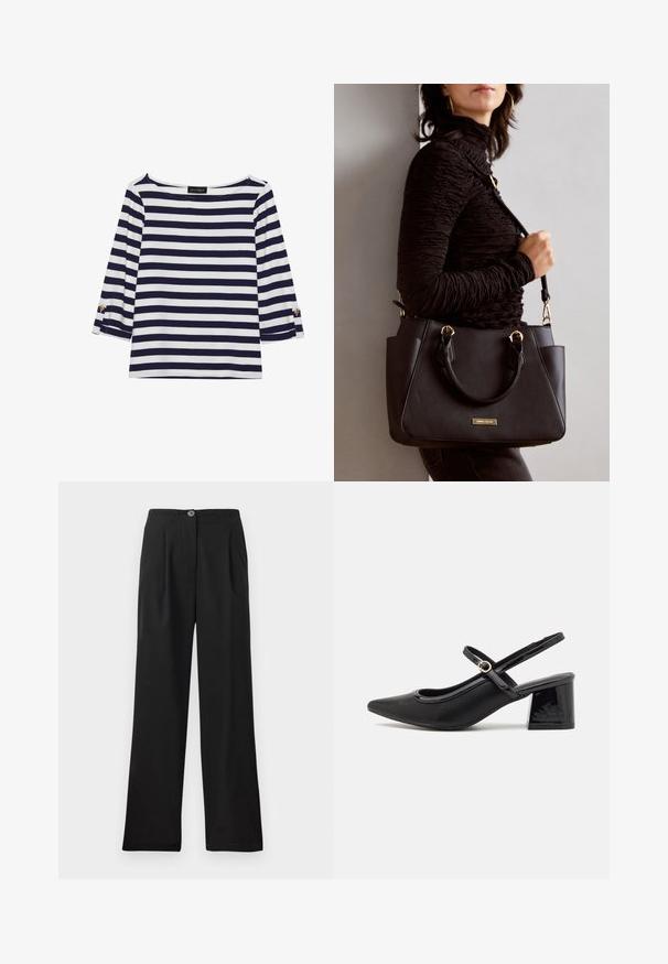 Navy and white striped long-sleeve top with a boat neckline and gold-button accents on rolled sleeves. Soft fabric, relaxed fit.; Black, high-waisted trousers made of smooth fabric, featuring front pleats, a single button closure, and wide legs. No pockets visible.; Black patent leather slingback heels with a pointed toe, a rounded cutout design, and a block heel. Features a gold-tone buckle accent.; Black handbag with textured surface, dual top handles, and adjustable shoulder strap. Features gold-tone hardware and side pockets.