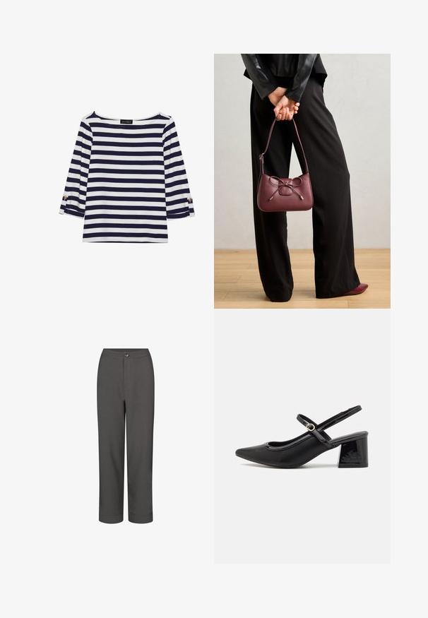 Marinblå och vit randig långärmad topp med båtutskuren hals och guldknappdetaljer på uppvikta ärmar. Mjuk tyg, avslappnad passform.; Grå dressbyxor med rak bendesign, slät yta, frontknäppning och uppvikta fållar för en skräddarsydd look.; Svarta lackläder slingback-klackar med spetsig tå, en rundad utskärning och en blockklack. Utsmyckad med en spänne i guldton.; Burgundy läderhandväska med en detalj av en rosett, med en smal rem och guldtonade detaljer, hålls av en person som bär svarta byxor.