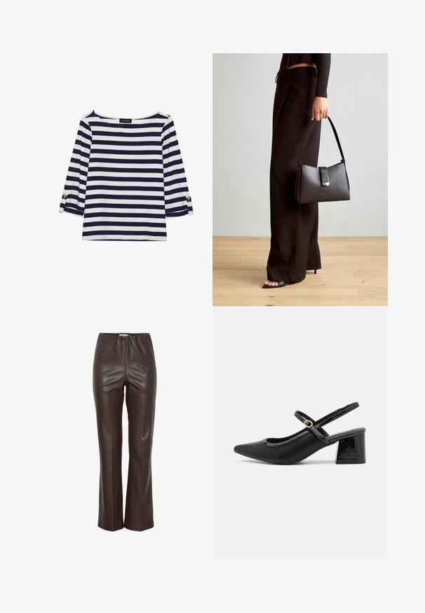 Haut rayé bleu marine et blanc à manches longues avec un col bateau et des accents de boutons dorés sur les manches retroussées. Tissu doux, coupe décontractée.; Pantalons en faux cuir marron avec une texture lisse, une taille élastique et un design ajusté qui s'évase légèrement aux chevilles.; Escarpins slingback en cuir verni noir avec un embout pointu, un design à découpes arrondies et un talon carré. Présente un accent de boucle en ton doré.; Sac à main noir à la forme structurée, texture lisse et fermoir métallique. Associé à un pantalon noir ample et des sandales ouvertes sur un sol en bois.