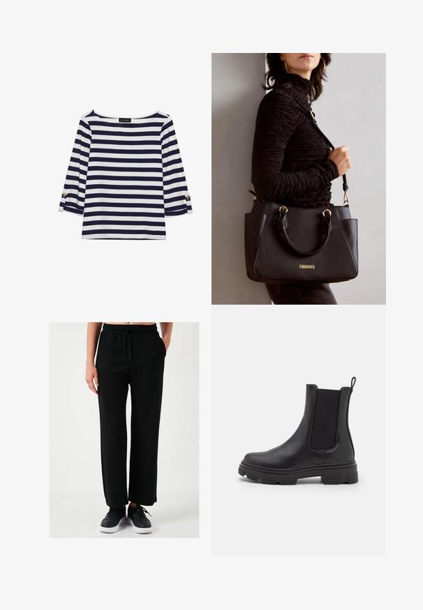 Mornarsko modra in bela črtasta majica z dolgimi rokavi, z vratnim izrezom v obliki čolna in zlatimi gumbi na zavihkih rokavov. Mehka tkanina, sproščen kroj.; Črne široke hlače iz mehkega materiala, z elastičnim pasom in vrvico, stranskimi žepi ter gladko teksturo.; Črne usnjene gležnjarje z elastiko na straneh, zaobljenim prstom in teksturiranim gumijastim podplatom. Imajo zanko na zadnji strani za enostavno obuvanje.; Črna torbica z teksturirano površino, z dvema zgornjima ročajema in nastavljivim ramenskim pasom. Ima zlatovrateče dodatke in stranske žepe.