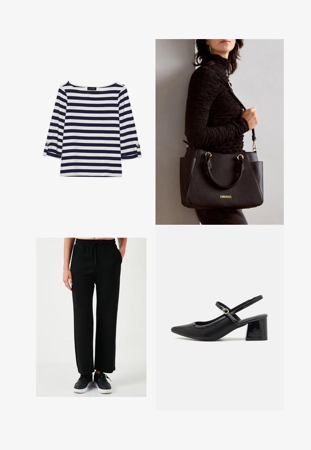 Marineblauw en witte gestreepte longsleeve top met een bootnek en gouden knoopaccenten op de opgerolde mouwen. Zachte stof, relaxte pasvorm.; Zwarte wijde broek van zachte stof, met een elastische tailleband met trekkoord, zijzakken en een gladde textuur.; Zwarte gepolijste leren slingback hakken met een spitse neus, een ronde uitsnede en een blokhak. Voorzien van een gouden gespaccent.; Zwarte handtas met gestructureerd oppervlak, dubbele bovenhandvatten en verstelbare schouderriem. Voorzien van goudkleurige hardware en zijzakken.