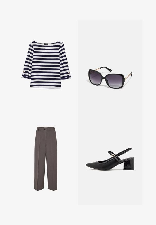 Marineblå og hvit stripete langermet topp med båthals og gullknapper på rullede ermer. Myk stoff, avslappet passform.; Bredde ben, høyt liv brune bukser med frontfolder, beltehemper, knappelukking og en glatt tekstur.; Sorte lakk lær slingback hæler med spiss tå, et avrundet utskjæringsdesign og blokkheel. Har en gulltone spenne som detalj.; Sorte oversized solbriller med gradient linser, tykke rammer og detaljering med gulltonekjede på tempelarmene.; Svart håndveske med strukturert form, jevn tekstur og metallisk lås. Kombinert med brede svarte bukser og sandaler med åpen tå på tregulv.