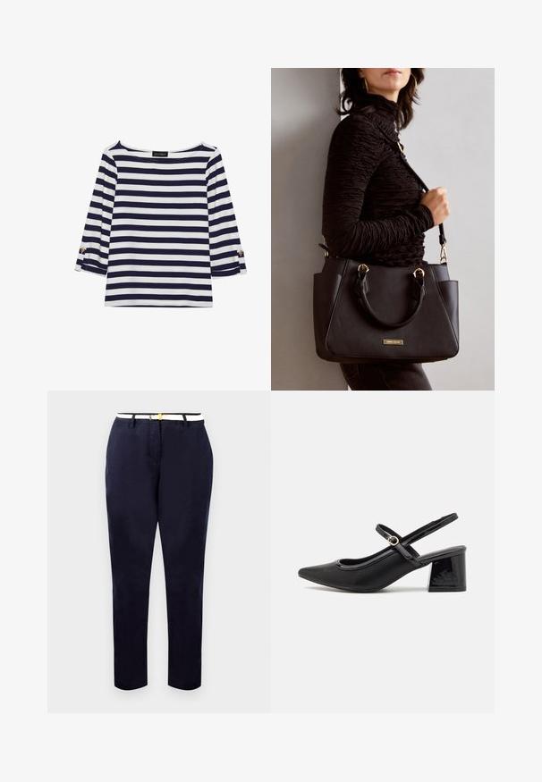 Top de manga longa às riscas azul-marinho e branco, com decote em barco e detalhes em botões dourados nas mangas com dobra. Tecido suave, ajuste descontraído.; Chinos azul marinho com um corte slim, tecido de algodão e um cinto branco com fivela em tom dourado. Textura suave, pernas retas, design minimalista.; Sabrinas de cerâmica preta com salto bloco, bico apontado e um design com recortes arredondados. Apresenta um detalhe em fivela de tom dourado.; Bolsa preta com superfície texturizada, alças superiores duplas e alça de ombro ajustável. Apresenta ferragens em tom dourado e bolsos laterais.