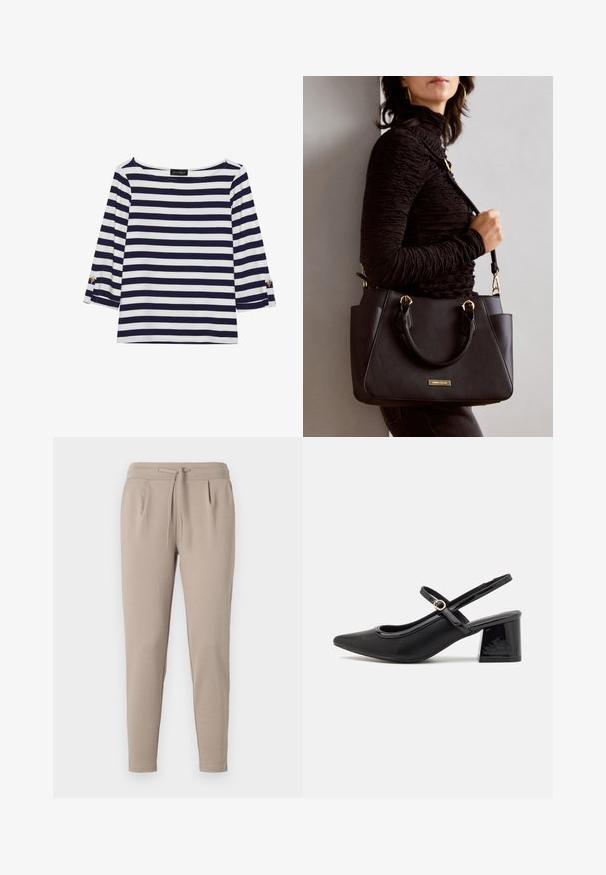 Camiseta de manga larga a rayas en azul marino y blanco, con escote barco y acentos de botones dorados en las mangas enrolladas. Tejido suave y corte relajado.; Pantalones jogger beige elaborados en tejido suave, con una cintura elástica y cordón, y bolsillos laterales. Diseño de pierna estrecha.; Tacones slingback de charol negro con punta afilada, un diseño de corte redondeado y tacón bloque. Incluye un detalle de hebilla en tono dorado.; Bolso negro con superficie texturizada, doble asa superior y correa para hombro ajustable. Presenta herrajes en tono dorado y bolsillos laterales.