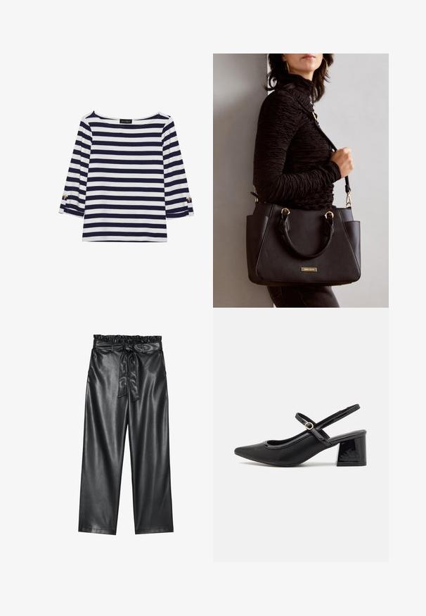 Tengerészkék és fehér csíkos, hosszú ujjú blúz, hajónyakkal és aranygombos díszítésekkel a felhajtott ujjain. Puha anyag, lazán illeszkedő fazon.; Fekete műbőr, bő szárú nadrág rugalmas, fodros derékkal és levehető övvel. Sima textúra és minimális fényesség.; Fekete lakk bőr, pántos magassarkú cipő, hegyes orral, lekerekített kivágással és tömbsarkal. Arany színű csat díszíti.; Fekete kézitáska texturált felülettel, dupla felső fogantyúval és állítható vállpánttal. Arany színű fém kiegészítők és oldalsó zsebek találhatók rajta.