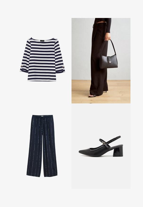 Tumesiniste ja valgete triipudega pikkade varrukatega topp, millel on paadi kaelus ja kuldsete nööpide aktsendid üleskeeratud varrukatel. Pehme kangas, mugav istuvus.; Tumed laiad püksid tõmbluku paelaga vööl, millel on sile tekstuur ja valged täpid, mis on paigutatud vertikaalselt.; Mustad läikivad nahast slingback-kõrged kontsad, millel on terav nina, ümar lõikekujundus ja blokknina. Omab kuldset nupu aktsenti.; Must musta kott, millel on struktureeritud kuju, sile tekstuur ja metallist klamber. Kombineeritud laiate mustade pükstega ja avatud varvaste sandaalidega puidust põrandal.