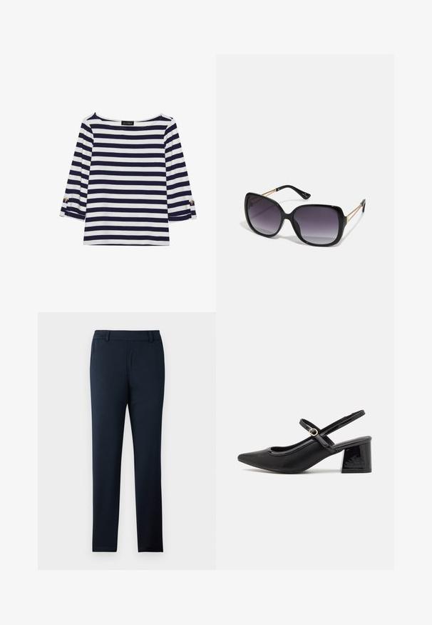 Mornarsko modra in bela črtasta majica z dolgimi rokavi, z vratnim izrezom v obliki čolna in zlatimi gumbi na zavihkih rokavov. Mehka tkanina, sproščen kroj.; Temno modri hlače iz mehkega raztegljivega blaga. Imajo ravno sprednjo stran, zanke za pas in ozek, zožen kroj nog.; Črne patentne usnjene salonarce s slingback obliko, s koničastim nosom, zaobljenim izrezom in blok peto. Imajo zlato kovinsko zaponko kot dodatno okrasje.; Črne prevelike sončne očala z degradacijskimi lečami, debelimi okvirji in zlatimi verižicami na ročajih.; Črna torbica z strukturirano obliko, gladko teksturo in kovinskim zaponko. Ujemajo se z širokimi črnimi hlačami in odprtimi sandali na lesenem tleh.