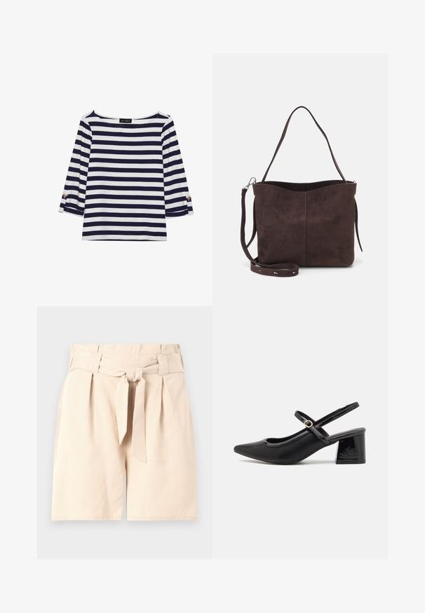 Jūras spēku tumši zilas un baltas svītras ar garām piedurknēm augšdaļa ar laivu veida kakla izgriezumu un zeltītām pogu akcentiem uz sarullētām piedurknēm. Mīksts audums, brīvs piegriezums.; Bēge augstās jostas šorti ar priekšu sasienamu jostasvīru, plecu dizainu un gludu auduma tekstūru. Tīra, pielāgota forma un bez redzamām rakstu dizainiem.; Melns patentēts ādas sandales ar norādīta pirksta formu, noapaļotu izgriezuma dizainu un bloķētu papēdi. Iezīmēta ar zelta toņa sprādzi.; Brūns zamšādas roku soma ar mīkstu tekstūru, aprīkota ar vienu plecu siksnu un nelielu izliekta augšējā atvēruma dizainu. Nav redzamu metāla detaļu.