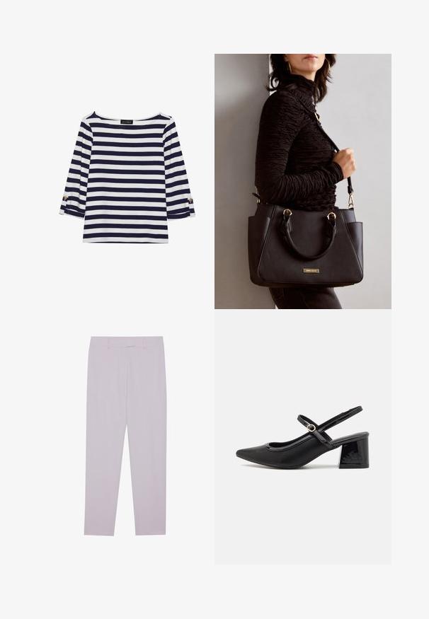 Mornarsko modra in bela črtasta majica z dolgimi rokavi, z vratnim izrezom v obliki čolna in zlatimi gumbi na zavihkih rokavov. Mehka tkanina, sproščen kroj.; Svetlo vijolčaste hlače iz gladkega blaga, z določenim krojem, zankami za pas in ravnim krojem nog. ; Črne patentne usnjene salonarce s slingback obliko, s koničastim nosom, zaobljenim izrezom in blok peto. Imajo zlato kovinsko zaponko kot dodatno okrasje.; Črna torbica z teksturirano površino, z dvema zgornjima ročajema in nastavljivim ramenskim pasom. Ima zlatovrateče dodatke in stranske žepe.