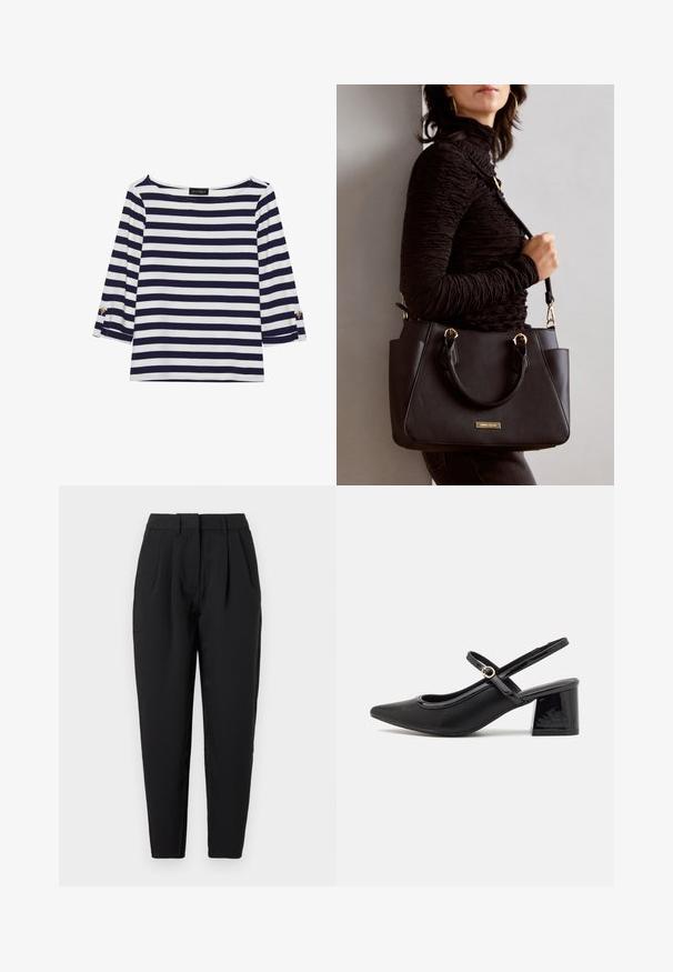 Tengerészkék és fehér csíkos, hosszú ujjú blúz, hajónyakkal és aranygombos díszítésekkel a felhajtott ujjain. Puha anyag, lazán illeszkedő fazon.; Fekete nadrág egyenes szabással, elöl redőkkel, sima textúrával és oldalsó zsebekkel. A derékpánt standard magasságú.; Fekete lakk bőr, pántos magassarkú cipő, hegyes orral, lekerekített kivágással és tömbsarkal. Arany színű csat díszíti.; Fekete kézitáska texturált felülettel, dupla felső fogantyúval és állítható vállpánttal. Arany színű fém kiegészítők és oldalsó zsebek találhatók rajta.