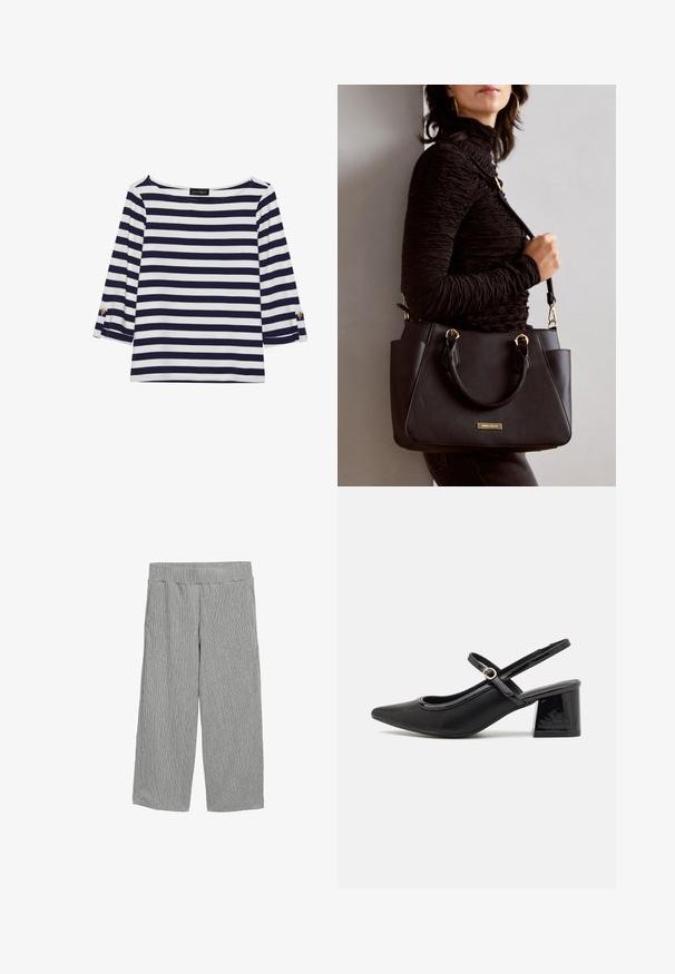 Navy and white striped long-sleeve top with a boat neckline and gold-button accents on rolled sleeves. Soft fabric, relaxed fit.; Lightweight, gray pants featuring a vertical striped pattern, wide-leg cut, elastic waistband, and no visible pockets.; Black patent leather slingback heels with a pointed toe, a rounded cutout design, and a block heel. Features a gold-tone buckle accent.; Black handbag with textured surface, dual top handles, and adjustable shoulder strap. Features gold-tone hardware and side pockets.