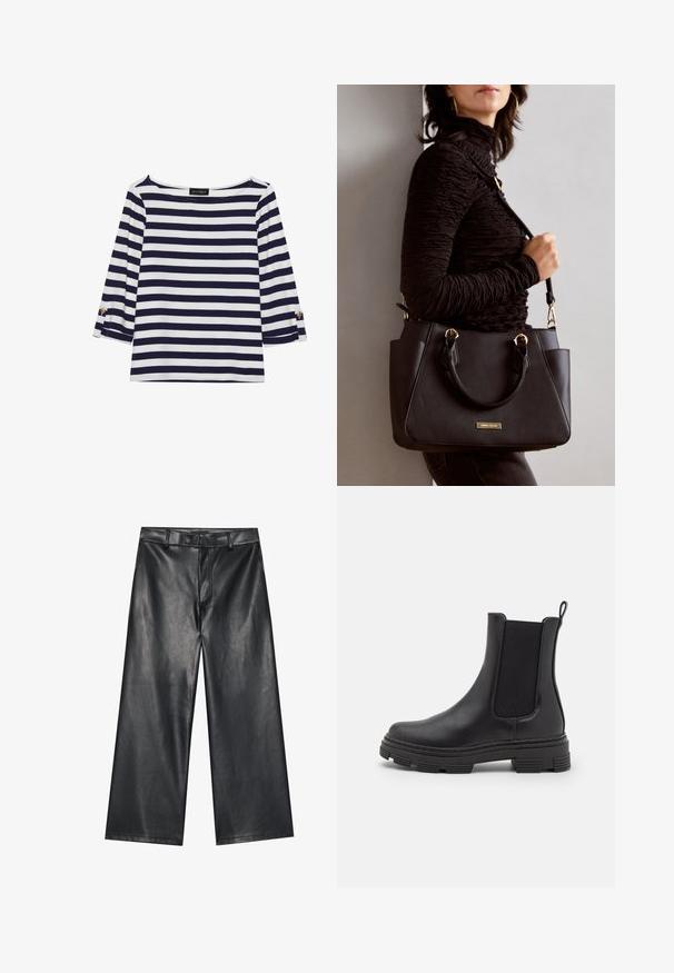 Duga majica dugih rukava prugasta u mornarsko plavu i bijelu boju s brodoglavim izrezom i zlatnim gumbima na pojačanim rukavima. Mekani materijal, opušteni kroj.; Crne kožne hlače širokih nogavica s glatkom teksturom, petljama za remen i prednjim zatvaračem. Imaju opušteni kroj i čiste detalje šavova.; Crne kožne gležnjače s elastičnim bočnim panelima, zaobljenim prstima i strukturiranom gumenom potplatom. Imaju petlju straga za lakše oblačenje.; Crna torba s teksturiranom površinom, dvostrukim gornjim ručkama i podesivom remenom za rame. Ima zlatne metalne detalje i bočne džepove.