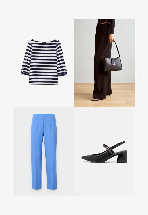 Tengerészkék és fehér csíkos, hosszú ujjú blúz, hajónyakkal és aranygombos díszítésekkel a felhajtott ujjain. Puha anyag, lazán illeszkedő fazon.; Sima anyagból készült, kék, szabott nadrág, oldalsó redőkkel, egyenes szabású és tiszta derékrésszel. Nincs látható hardver vagy minta.; Fekete lakk bőr, pántos magassarkú cipő, hegyes orral, lekerekített kivágással és tömbsarkal. Arany színű csat díszíti.; Fekete kézi táska strukturált formával, sima textúrával és fémből készült záródással. Széles fekete nadrággal és nyitott orrú szandállal párosítva, fából készült padlón.