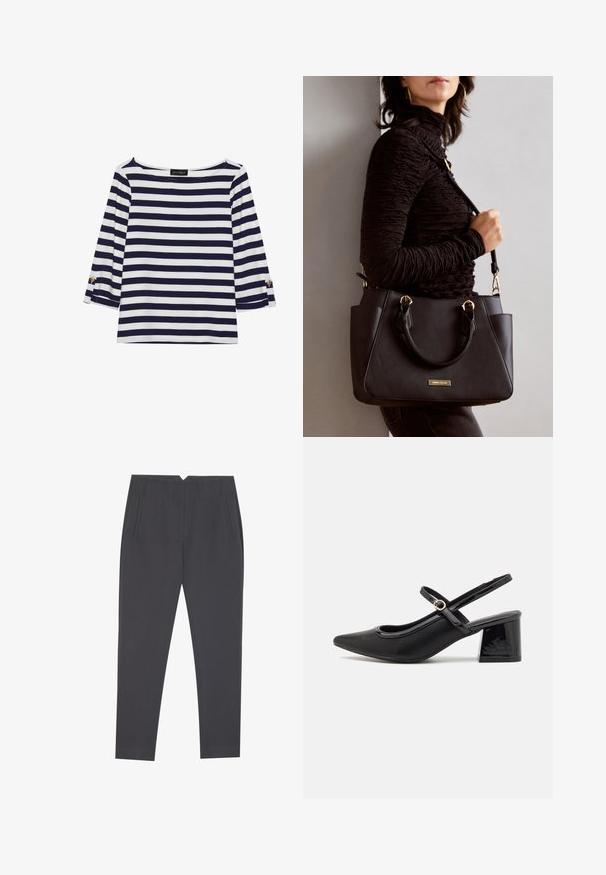 Gestreiftes Langarmoberteil in Marineblau und Weiß mit einem Bootsausschnitt und goldfarbenen Knopfdetails an den hochgekrempelten Ärmeln. Weicher Stoff, entspannter Schnitt.; Dunkelgraue, taillierte Hose mit seitlichen Taschen und vorderen Falten, entworfen für eine maßgeschneiderte Passform.; Schwarze Lackleder-Slingback-Absätze mit spitzer Zehenform, einem runden Ausschnitt-Design und einem Blockabsatz. Mit einem goldfarbenen Schnallenakzent.; Schwarze Handtasche mit strukturierten Oberflächen, doppelten Obergriffen und verstellbarem Schultergurt. Mit goldfarbener Hardware und Seitentaschen.