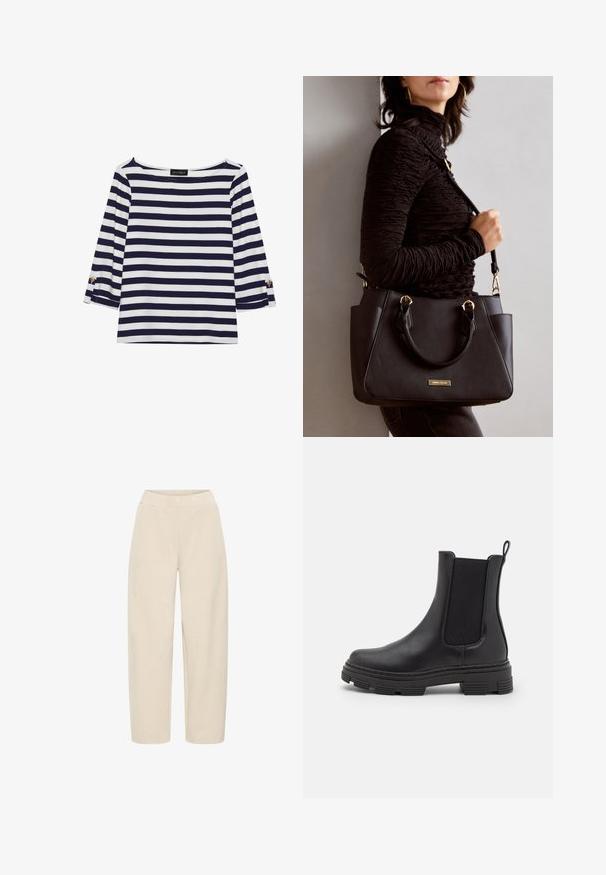 Gestreiftes Langarmoberteil in Marineblau und Weiß mit einem Bootsausschnitt und goldfarbenen Knopfdetails an den hochgekrempelten Ärmeln. Weicher Stoff, entspannter Schnitt.; Beige weit geschnittene Hosen mit elastischem Bund. Hergestellt aus weichem, strukturiertem Stoff, mit glatter Oberfläche und ohne zusätzliche Muster.; Schwarze Leder-Ankle-Boots mit elastischen Seitenpaneelen, runder Spitze und texturierten Gummisohlen. Verfügt über eine Schlaufe an der Rückseite für ein einfaches Anziehen.; Schwarze Handtasche mit strukturierten Oberflächen, doppelten Obergriffen und verstellbarem Schultergurt. Mit goldfarbener Hardware und Seitentaschen.