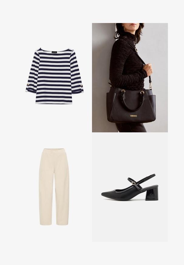 Duga majica dugih rukava prugasta u mornarsko plavu i bijelu boju s brodoglavim izrezom i zlatnim gumbima na pojačanim rukavima. Mekani materijal, opušteni kroj.; Bež hlače širokih nogavica s elastičnim pojasom. Izrađene su od mekog, teksturiranog materijala, s glatkom završnom obradom i bez dodatnih uzoraka.; Crne lakirane slingback visoke potpetice s šiljastim vrhom, zaobljenim izrezom i blok potpeticom. Sadrži akcent zlatnog tona s kopčom.; Crna torba s teksturiranom površinom, dvostrukim gornjim ručkama i podesivom remenom za rame. Ima zlatne metalne detalje i bočne džepove.