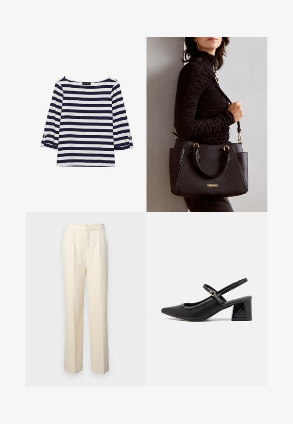 Navy and white striped long-sleeve top with a boat neckline and gold-button accents on rolled sleeves. Soft fabric, relaxed fit.; Tailored cream-colored trousers with a straight leg, featuring front pleats and a smooth finish. The waistband is flat and without embellishments.; Black patent leather slingback heels with a pointed toe, a rounded cutout design, and a block heel. Features a gold-tone buckle accent.; Black handbag with textured surface, dual top handles, and adjustable shoulder strap. Features gold-tone hardware and side pockets.