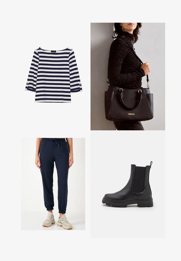 Marineblauw en witte gestreepte longsleeve top met een bootnek en gouden knoopaccenten op de opgerolde mouwen. Zachte stof, relaxte pasvorm.; Marine joggings met een elastische tailleband en trekkoord. De boorden zijn taps toelopend en gemaakt van een gladde, zachte stof. Gecombineerd met beige sneakers.; Zwarte leren enkellaars met elastische zijpanelen, ronde neus en een gestructureerde rubberen zool. Voorzien van een lus aan de achterkant voor gemakkelijk aan- en uittrekken.; Zwarte handtas met gestructureerd oppervlak, dubbele bovenhandvatten en verstelbare schouderriem. Voorzien van goudkleurige hardware en zijzakken.