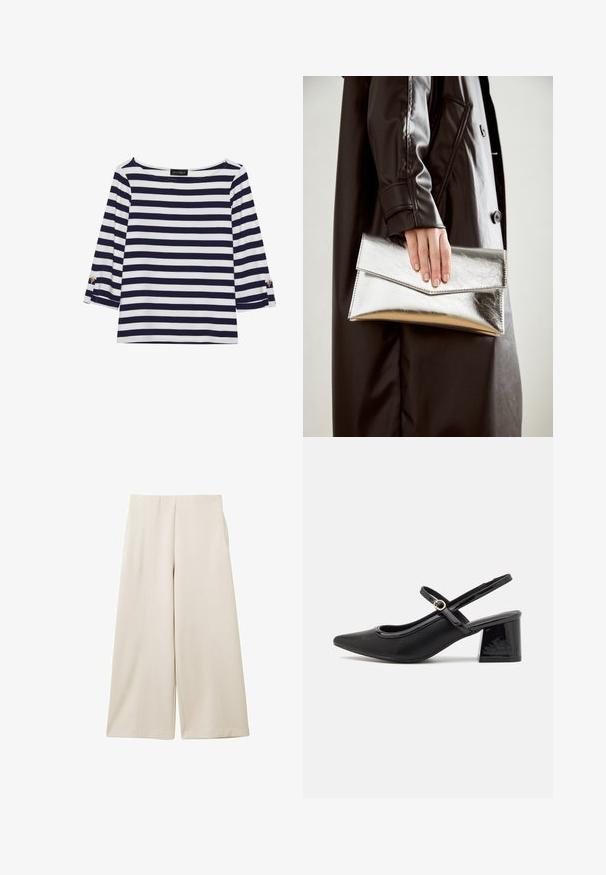 Camiseta de manga larga a rayas en azul marino y blanco, con escote barco y acentos de botones dorados en las mangas enrolladas. Tejido suave y corte relajado.; Pantalones de pierna ancha beige con una textura suave, que cuentan con dos bolsillos laterales y dos pliegues frontales para un diseño estructurado.; Tacones slingback de charol negro con punta afilada, un diseño de corte redondeado y tacón bloque. Incluye un detalle de hebilla en tono dorado.; Clutch metálico plateado con un diseño de sobre angular, textura suave y color interior en contraste, sostenido en una mano que lleva un abrigo negro.