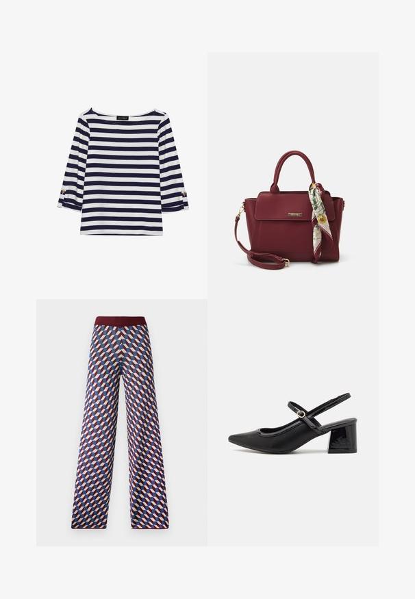 Camiseta de manga larga a rayas en azul marino y blanco, con escote barco y acentos de botones dorados en las mangas enrolladas. Tejido suave y corte relajado.; Pantalones de pierna ancha con estampado y cinturilla burdeos, que presentan un diseño geométrico en colores rojo, azul y crema, con textura de tejido.; Tacones slingback de charol negro con punta afilada, un diseño de corte redondeado y tacón bloque. Incluye un detalle de hebilla en tono dorado.; Bolso burdeos de material sintético con un diseño estructurado, que cuenta con una correa desmontable y una bufanda con estampado floral atada al asa.