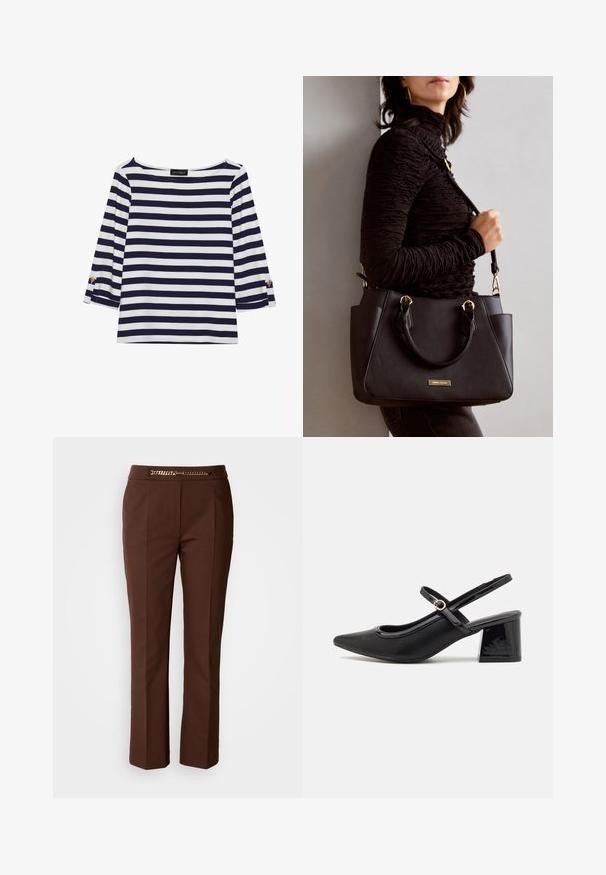 Granatowa i biała, w paski, bluzka z długim rękawem o dekolcie typu łódka oraz złotymi guzikami na podwiniętych rękawach. Miękka tkanina, luźny krój.; Brązowe spodnie o dopasowanym kroju z gładką teksturą, z akcentem w postaci złotego łańcucha w talii oraz prostymi nogawkami.; Czarne lakierowane czółenka na słupku ze spiczastym noskiem, lekko zaokrąglonym wycięciem i obcasem w kształcie bloku. Posiadają złotą klamrę jako akcent dekoracyjny.; Czarna torebka z teksturowanej powierzchni, podwójnymi uchwytami na górze i regulowanym paskiem na ramię. Posiada złote okucia i boczne kieszenie.