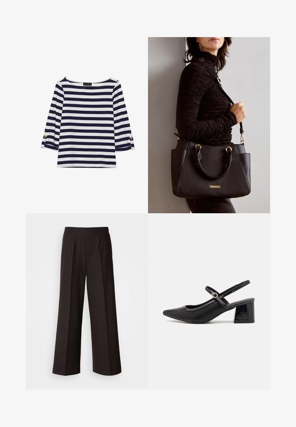 Navy and white striped long-sleeve top with a boat neckline and gold-button accents on rolled sleeves. Soft fabric, relaxed fit.; Black wide-leg trousers with a flat front, pleats, and a smooth fabric texture. Features a high waist and tailored cut for a structured fit.; Black patent leather slingback heels with a pointed toe, a rounded cutout design, and a block heel. Features a gold-tone buckle accent.; Black handbag with textured surface, dual top handles, and adjustable shoulder strap. Features gold-tone hardware and side pockets.