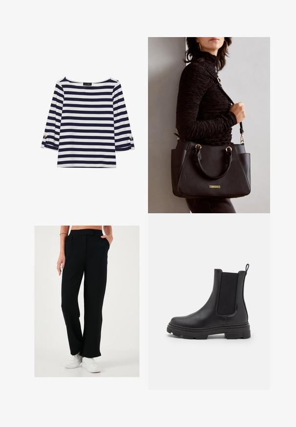 Marineblauw en witte gestreepte longsleeve top met een bootnek en gouden knoopaccenten op de opgerolde mouwen. Zachte stof, relaxte pasvorm.; Zwarte, wijde pantalons met een gladde textuur, geplooide voorkant en zijzakken. Draagt het met witte sneakers voor contrast.; Zwarte leren enkellaars met elastische zijpanelen, ronde neus en een gestructureerde rubberen zool. Voorzien van een lus aan de achterkant voor gemakkelijk aan- en uittrekken.; Zwarte handtas met gestructureerd oppervlak, dubbele bovenhandvatten en verstelbare schouderriem. Voorzien van goudkleurige hardware en zijzakken.