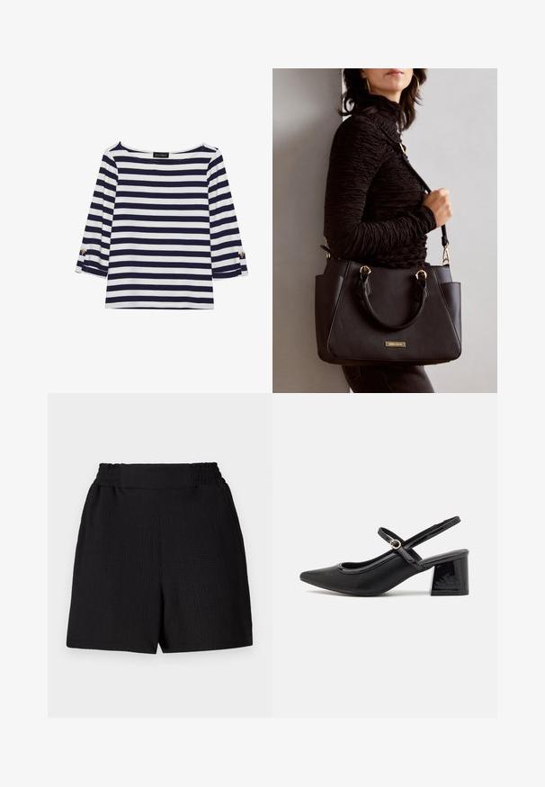 Navy and white striped long-sleeve top with a boat neckline and gold-button accents on rolled sleeves. Soft fabric, relaxed fit.; Black shorts with a textured fabric, elastic waistband, and straight cut. Features a clean design with no additional accents or patterns.; Black patent leather slingback heels with a pointed toe, a rounded cutout design, and a block heel. Features a gold-tone buckle accent.; Black handbag with textured surface, dual top handles, and adjustable shoulder strap. Features gold-tone hardware and side pockets.