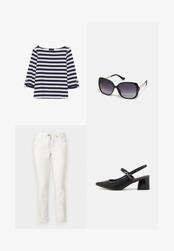 Haut rayé bleu marine et blanc à manches longues avec un col bateau et des accents de boutons dorés sur les manches retroussées. Tissu doux, coupe décontractée.; Pantalons blancs ajustés avec taille élastique, poches avant et texture lisse. Convient pour une tenue décontractée ou des environnements relaxants.; Escarpins slingback en cuir verni noir avec un embout pointu, un design à découpes arrondies et un talon carré. Présente un accent de boucle en ton doré.; Lunettes de soleil noires surdimensionnées avec des verres dégradés, monture épaisse et détails en chaîne dorée sur les branches.; Sac à main en cuir tan avec un design plissé, une sangle ajustable et une forme arrondie. Branding minimaliste sur la surface avant.