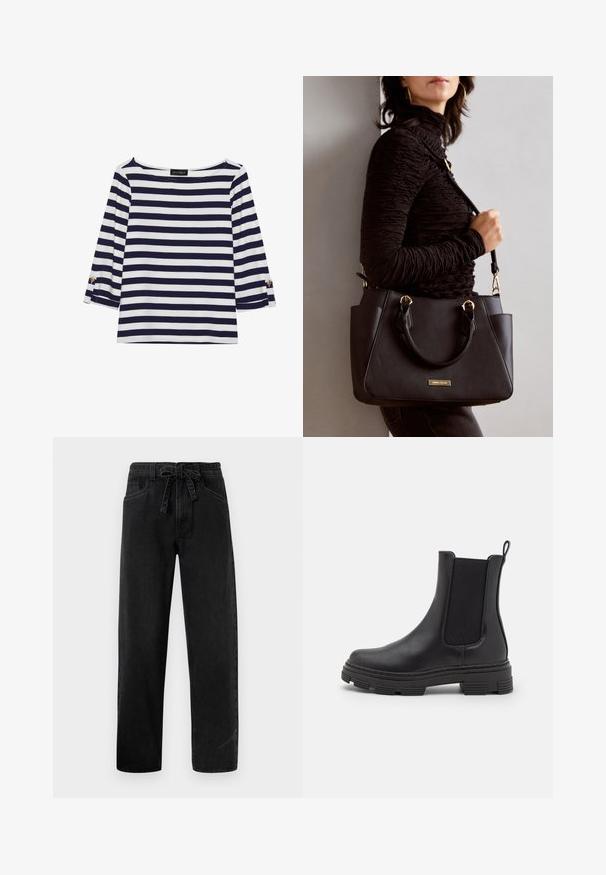 Top de manga longa às riscas azul-marinho e branco, com decote em barco e detalhes em botões dourados nas mangas com dobra. Tecido suave, ajuste descontraído.; Calças de ganga pretas com cintura elástica, corte reto, cinco bolsos e uma leve textura desgastada.; Bota de tornozelo em couro preto com painéis laterais elásticos, bico arredondado e sola de borracha texturizada. Apresenta uma alça na parte traseira para fácil calçar.; Bolsa preta com superfície texturizada, alças superiores duplas e alça de ombro ajustável. Apresenta ferragens em tom dourado e bolsos laterais.