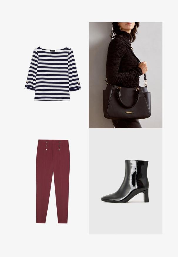 Duga majica dugih rukava prugasta u mornarsko plavu i bijelu boju s brodoglavim izrezom i zlatnim gumbima na pojačanim rukavima. Mekani materijal, opušteni kroj.; Burgundske krojene hlače s bočnim džepovima, s glatkom teksturom i četiri dekorativna srebrna dugmeta na pojasu.; Crne lakirane kožne gležnjače s šiljastim prstom i srednje visokom blok petom. Glatka tekstura i minimalistički dizajn.; Crna torba s teksturiranom površinom, dvostrukim gornjim ručkama i podesivom remenom za rame. Ima zlatne metalne detalje i bočne džepove.