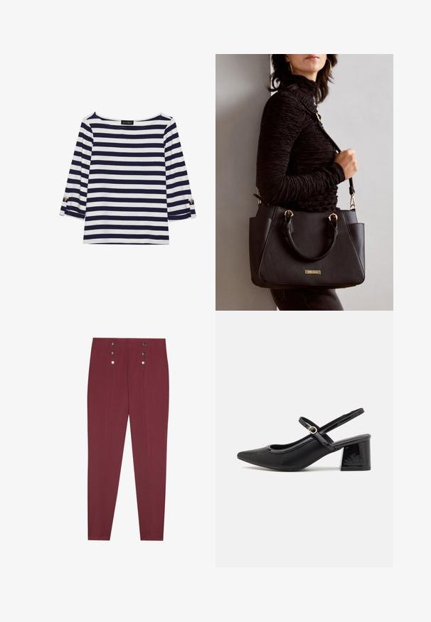 Haut rayé bleu marine et blanc à manches longues avec un col bateau et des accents de boutons dorés sur les manches retroussées. Tissu doux, coupe décontractée.; Pantalons ajustés bordeaux avec poches latérales, présentant une texture lisse et quatre boutons décoratifs en argent au niveau de la taille.; Escarpins slingback en cuir verni noir avec un embout pointu, un design à découpes arrondies et un talon carré. Présente un accent de boucle en ton doré.; Sac à main noir avec surface texturée, deux poignées supérieures et bandoulière réglable. Doté de quincaillerie dorée et de poches latérales.