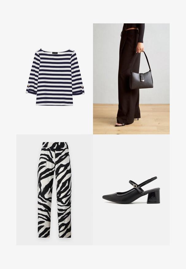 Duga majica dugih rukava prugasta u mornarsko plavu i bijelu boju s brodoglavim izrezom i zlatnim gumbima na pojačanim rukavima. Mekani materijal, opušteni kroj.; Hlače s uzorkom zebre u crno-bijeloj boji, s elastičnom trakom u struku, ravnog kroja i mekog materijala, s naglašenim kontrastnim prugama.; Crne lakirane slingback visoke potpetice s šiljastim vrhom, zaobljenim izrezom i blok potpeticom. Sadrži akcent zlatnog tona s kopčom.; Crna torba s oblikom koji sadrži strukturu, glađu teksturu i metalnu kopču. Uparena s širokim crnim hlačama i sandalama na otvorenom s drvenog poda.